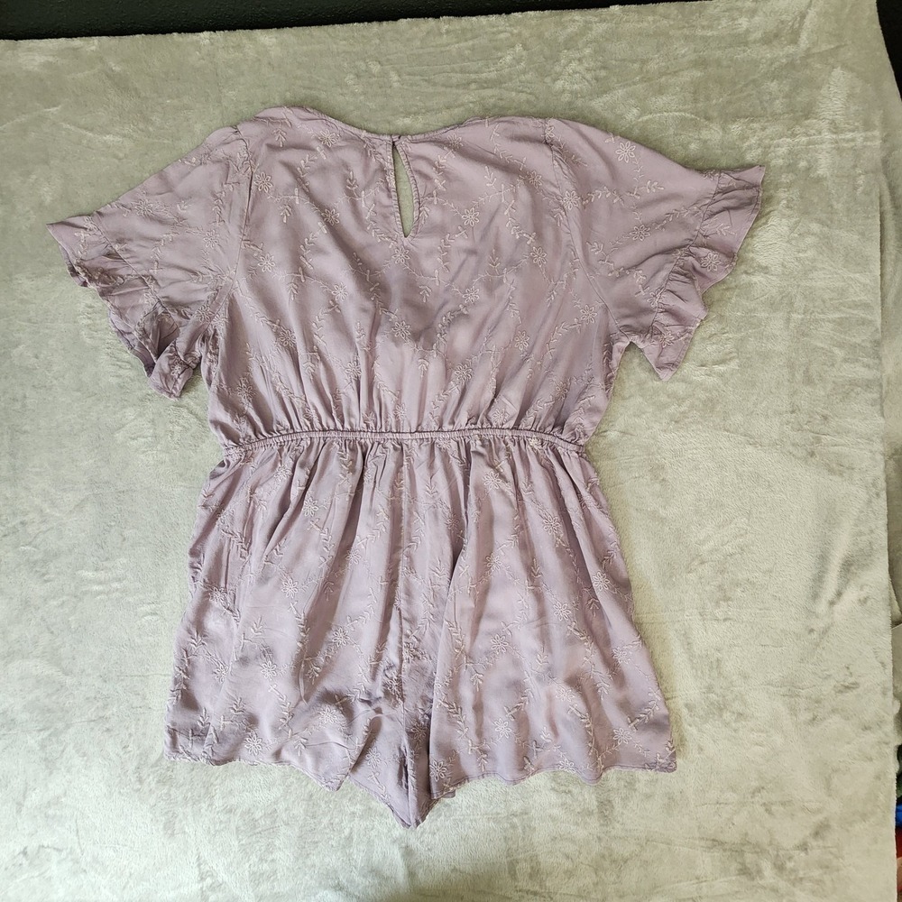 Festi Plus Size 2X Purple Short Sleeve Tie Front Romper w/ Embroidery - Picture 6 of 8